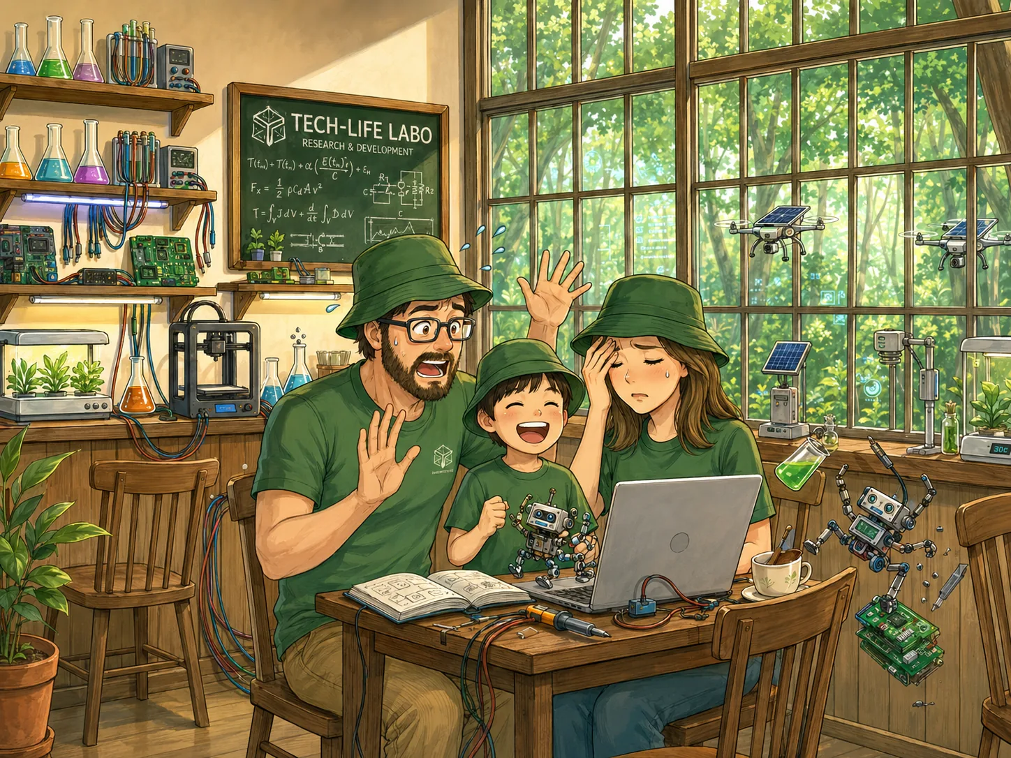 森の研究室で親子が制作しているイラスト