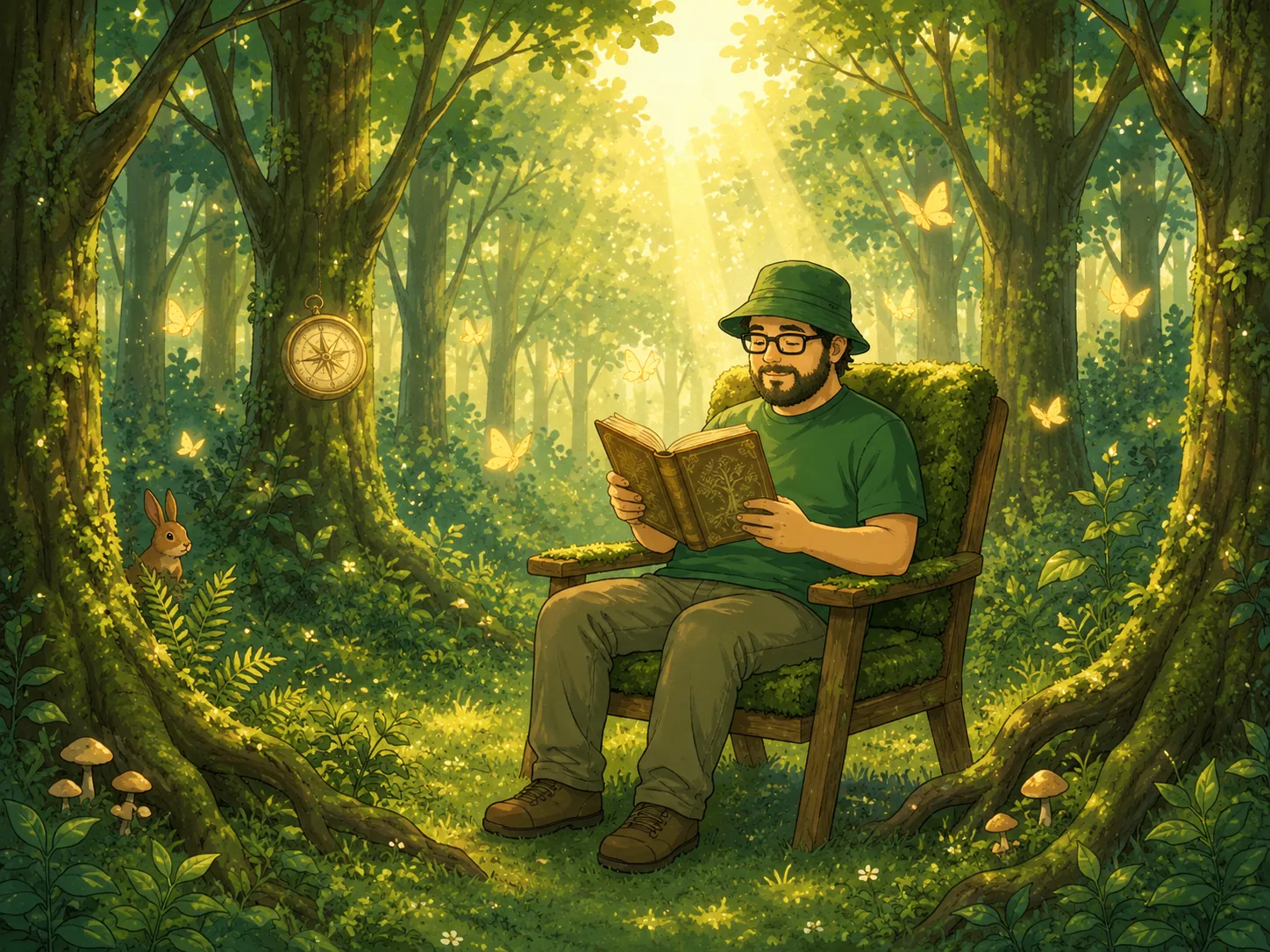 森の中で本を読む人物のイラスト